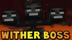 像素化的 Minecraft 凋零 Boss 在火紅天空下閃爍著發光的眼睛。 — 我的世界苦力怕 壁紙