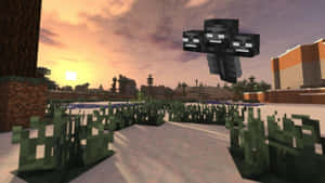 終界使者漂浮在日落時分的雪地 Minecraft 景觀上。 — 我的世界苦力怕 壁紙