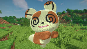一個像素化的熊貓樣生物在一個草地 Minecraft 風格的景觀中。 — 可愛寶可夢 壁紙