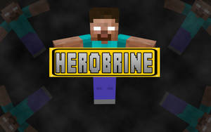 像素化的Herobrine角色，眼睛發光，站在一個寫著Herobrine的黃色標誌後面。 — 我的世界 壁紙
