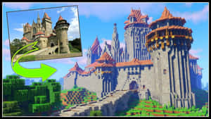 Minecraft城堡與真實城堡照片比較，附綠色箭頭 — 城堡動畫 壁紙