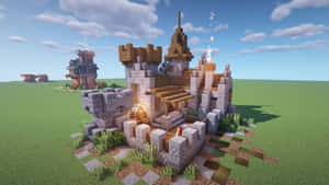 一個由石頭和木頭製成的Minecraft城堡，在草地上有發光的燈籠。 — 城堡動畫 壁紙