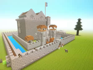 Minecraft城堡，有護城河和旗幟，在草地上有樹 — 城堡動畫 壁紙