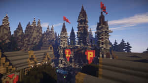 藍天下石塔上有紅色旗幟的Minecraft城堡 — 我的世界 壁紙