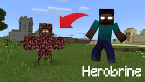 Minecraft Herobrine角色，紅色箭頭指向他，在城堡附近的草地上 — 我的世界 壁紙