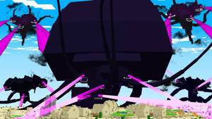 巨大的像素蜘蛛向Minecraft沙漠村莊發射粉紅色雷射。 — 凋零風暴 壁紙