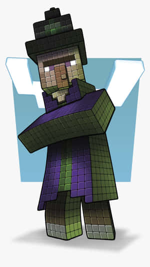 一個像素藝術風格的Minecraft女巫角色，戴著綠色帽子和紫色長袍。 — 女巫 壁紙