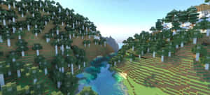 像素化的Minecraft景觀，有白樺樹和蜿蜒的河流。 — 我的世界 壁紙