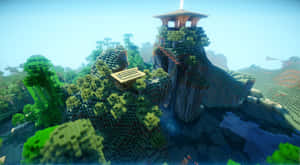 Minecraft山頂堡壘，有綠色樹木和木塔，藍天 — 可愛 Minecraft 壁紙