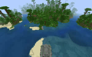 Minecraft島嶼，有樹木和沙灘在藍色海水中。 — 我的世界 壁紙