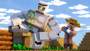 Minecraft巨人和村民以方塊像素藝術風格呈現 — 可愛 Minecraft 壁紙