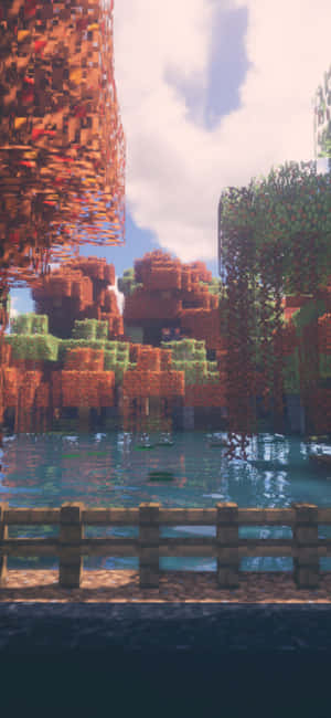 像素化的Minecraft森林，有樹木和水，在明亮的天空下。 — iPhone 16 壁紙