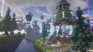 Minecraft世界中的浮島、像素化塔樓和河流。 — 我的世界 壁紙