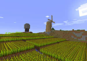 Minecraft風車和石結構，在藍天下的綠色山丘上 — 像素藝術 壁紙
