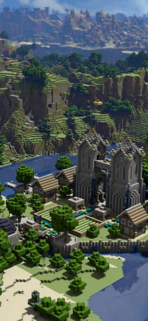 Minecraft村莊，河邊城堡，山地地形 — iPhone 15 Pro Max 壁紙