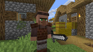 Minecraft村民在木石村莊中拿著劍 — 我的世界 壁紙