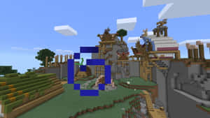 Minecraft村莊，有像素化的房屋和綠色田野，在藍天下。 — 我的世界 壁紙