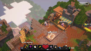 Minecraft村莊，有鐵匠和商人，天空朦朧，有浮空島嶼。 — 翡翠綠 壁紙