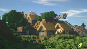 Minecraft村莊，有方塊狀房屋和樹木，在日光下。 — 5120x2880 壁紙