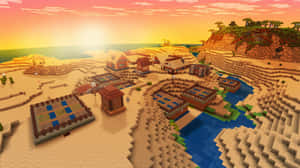 Minecraft沙漠村莊，有河流和夕陽 — 像素藝術 壁紙
