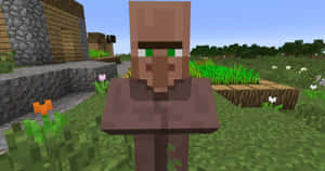 Minecraft村民在草地上，有花朵和木製建築物。 — 我的世界苦力怕 壁紙