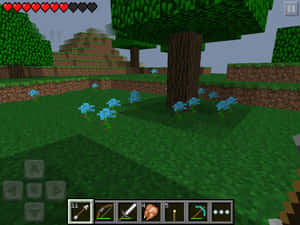 Minecraft遊戲視圖，顯示草地、藍色花朵和森林中的樹木。 — 我的世界苦力怕 壁紙