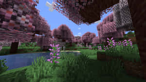 像素化的Minecraft森林，有粉紅色的櫻花樹和一個池塘。 — 我的世界 壁紙