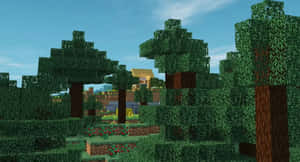 Minecraft森林，有像素化的樹木和藍天下的遠處村莊。 — 我的世界 壁紙