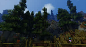 Minecraft森林，有方塊狀的樹木和丘陵，在藍天白雲下。 — 我的世界苦力怕 壁紙