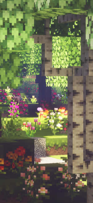 像素化的Minecraft森林，有白樺樹和色彩繽紛的花朵，在日光下。 — iPhone 15 Pro 壁紙