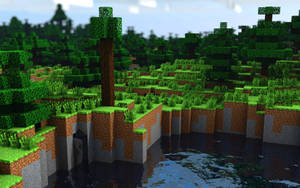 晴朗天空下，有樹木和水面的方塊狀Minecraft森林。 — 森林 壁紙