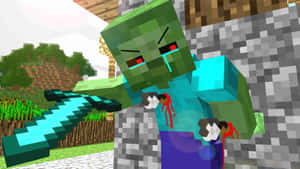 Minecraft殭屍在像素化森林場景中手持鑽石劍 — 我的世界苦力怕 壁紙