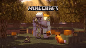 Minecraft殭屍手持南瓜與狐狸在日落森林中 — 可愛 Minecraft 壁紙