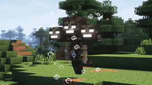 一個眼睛發光的Minecraft殭屍，在像素化森林中，周圍有漂浮的氣泡。 — 我的世界苦力怕 壁紙