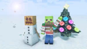 穿著毛衣的Minecraft殭屍站在雪人和發光的聖誕樹旁邊的雪景。 — 雪景 GIF 壁紙