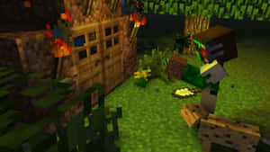 Minecraft中的殭屍在夜晚手持劍靠近木屋。 — 蜘蛛 壁紙