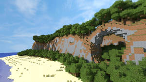 藍天下有懸崖和樹木的Minecraft海灘 — 海灘 壁紙