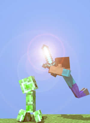 Minecraft玩家用發光的劍攻擊creeper。 — Kindle 壁紙