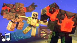 Minecraft玩家在夜晚於木門附近與熔岩怪物戰鬥。 — 我的世界苦力怕 壁紙