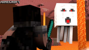Minecraft玩家手持劍在Nether中面對Ghast，伴有熔岩柱 — 我的世界苦力怕 壁紙