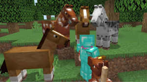 Minecraft玩家在森林中與馬匹一起 — 高解析度馬匹 壁紙