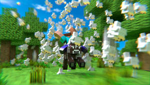 Minecraft玩家騎著馬，在像素化森林中有飛翔的羊。 — 白馬 壁紙