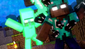 Minecraft玩家在雨夜場景中面對發光苦力怕 — 我的世界 壁紙