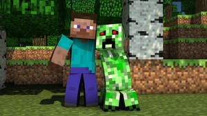 Minecraft玩家和苦力怕站在像素化森林中。 — 我的世界 壁紙