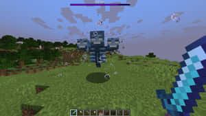 玩家在Minecraft草地上用鑽石劍與終界使者戰鬥。 — 我的世界苦力怕 壁紙