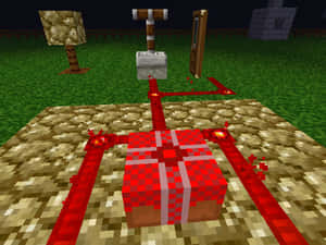 Minecraft紅石電路，中央有一個禮物盒，周圍環繞著火炬和方塊。 — 我的世界 鑽石 壁紙