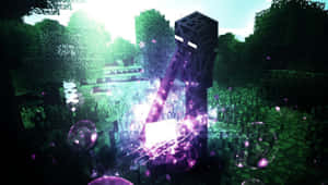 Minecraft森林中的終界使者施展紫色魔法，周圍漂浮球體 — 我的世界 壁紙