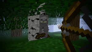 玩家在Minecraft森林中夜間用弓瞄準苦力怕。 — 可愛 Minecraft 壁紙