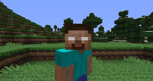 Minecraft角色在草地方塊景觀中，有樹木和山丘。 — 我的世界苦力怕 壁紙