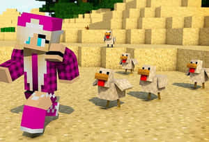 Minecraft角色在沙漠中與雞奔跑 — 我的世界苦力怕 壁紙
